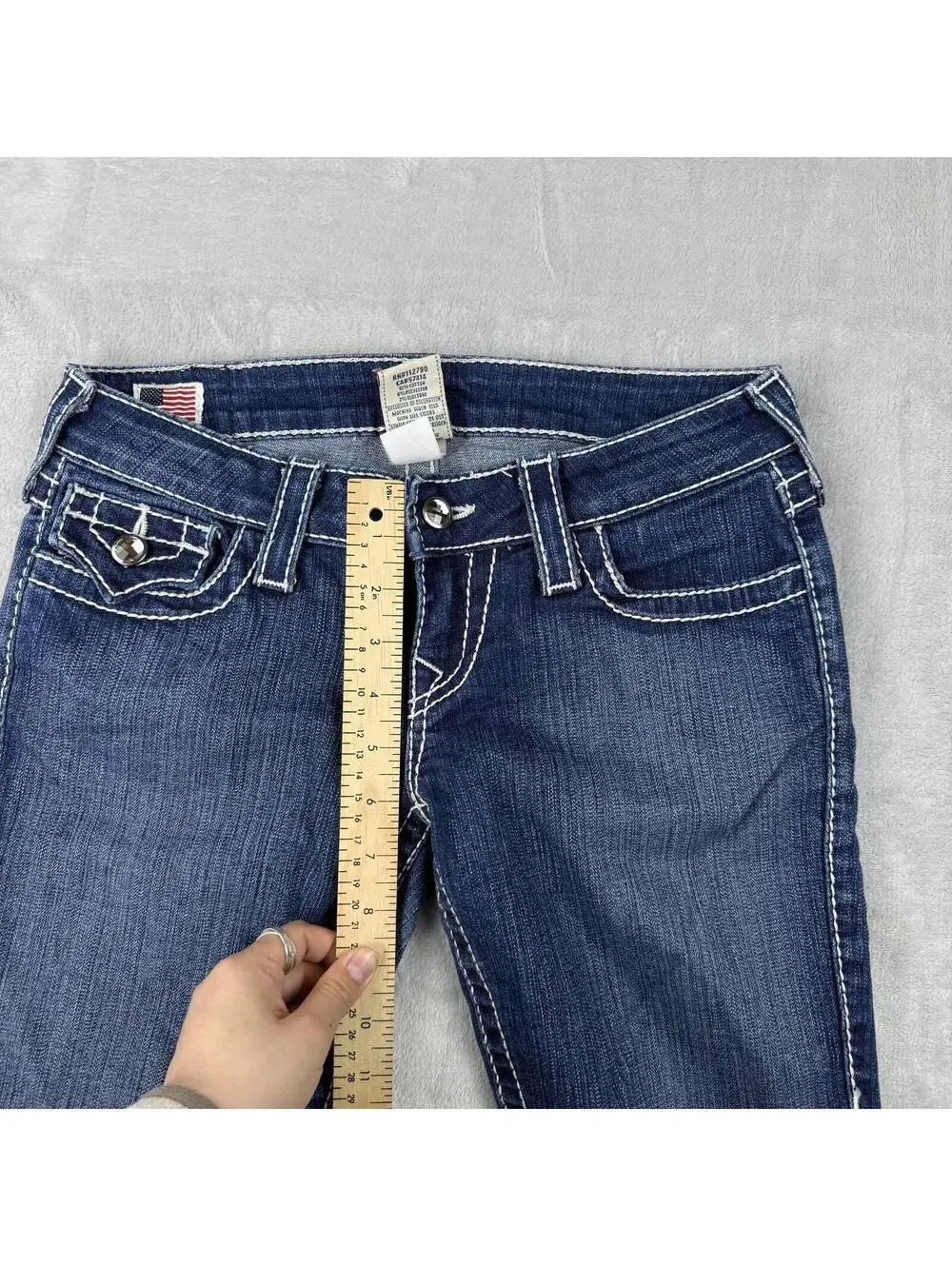 True Religion Blue Denim Jeans Women 28x31 USA Made Striaght Leg Y2K Rainstone - Picture 7 of 12